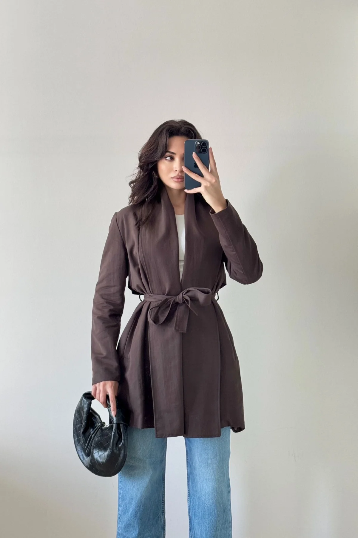 Acı Kahve Uzun Kollu Kuşaklı Trenç