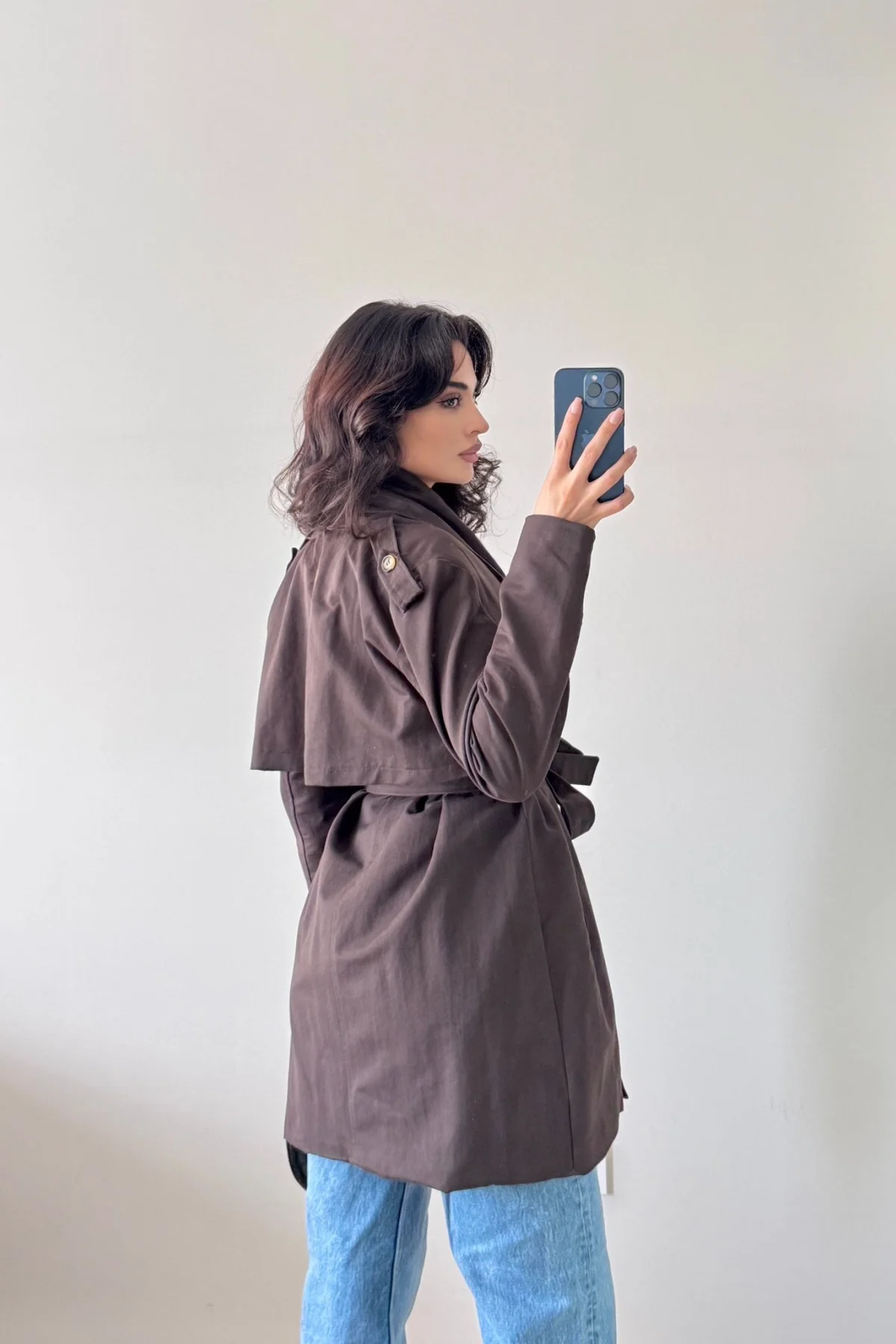 Acı Kahve Uzun Kollu Kuşaklı Trenç