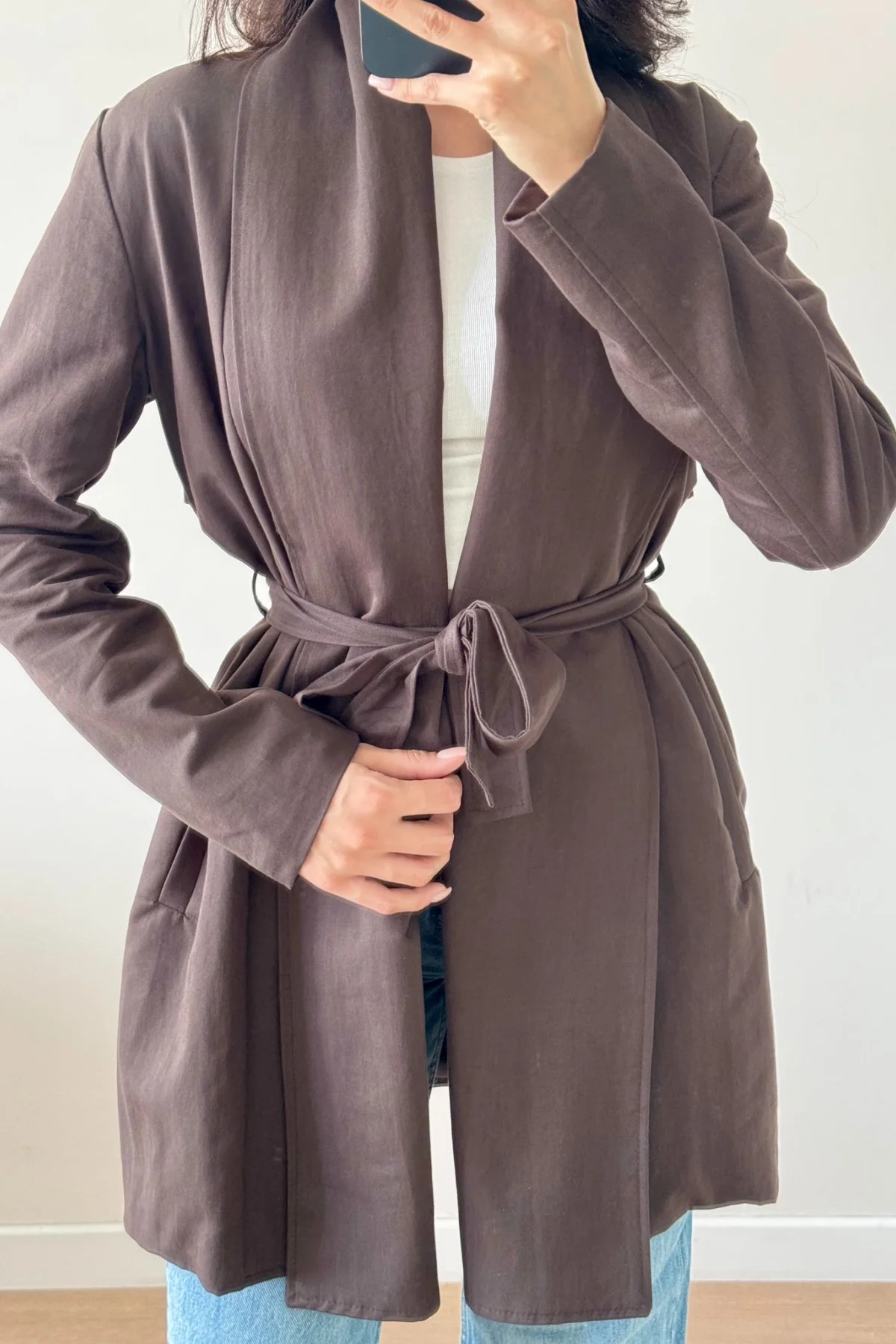 Acı Kahve Uzun Kollu Kuşaklı Trenç