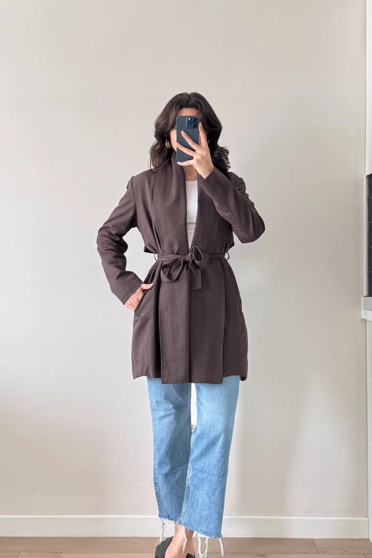 Acı Kahve Uzun Kollu Kuşaklı Trenç