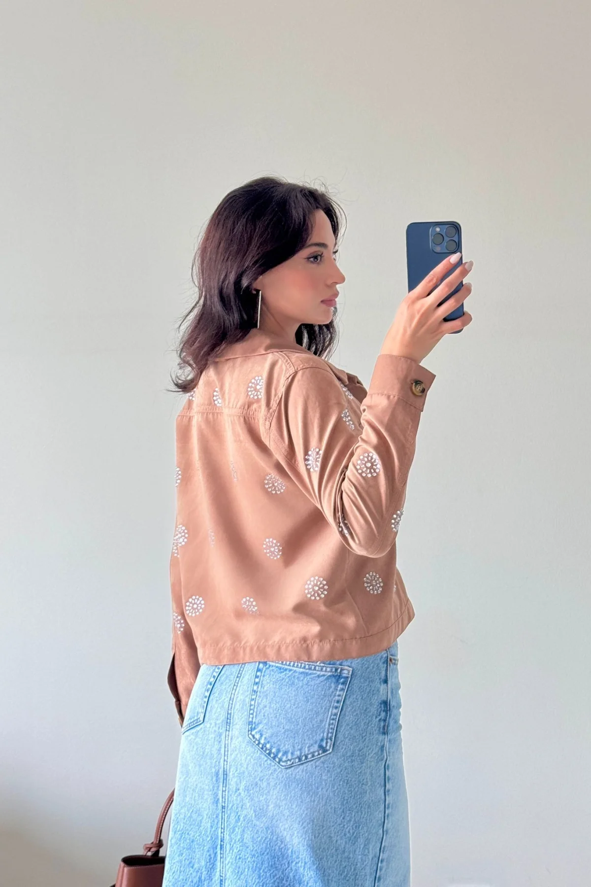 Açık Kahve Taşlı Uzun Kollu Cepli Düğmeli Süet Ceket