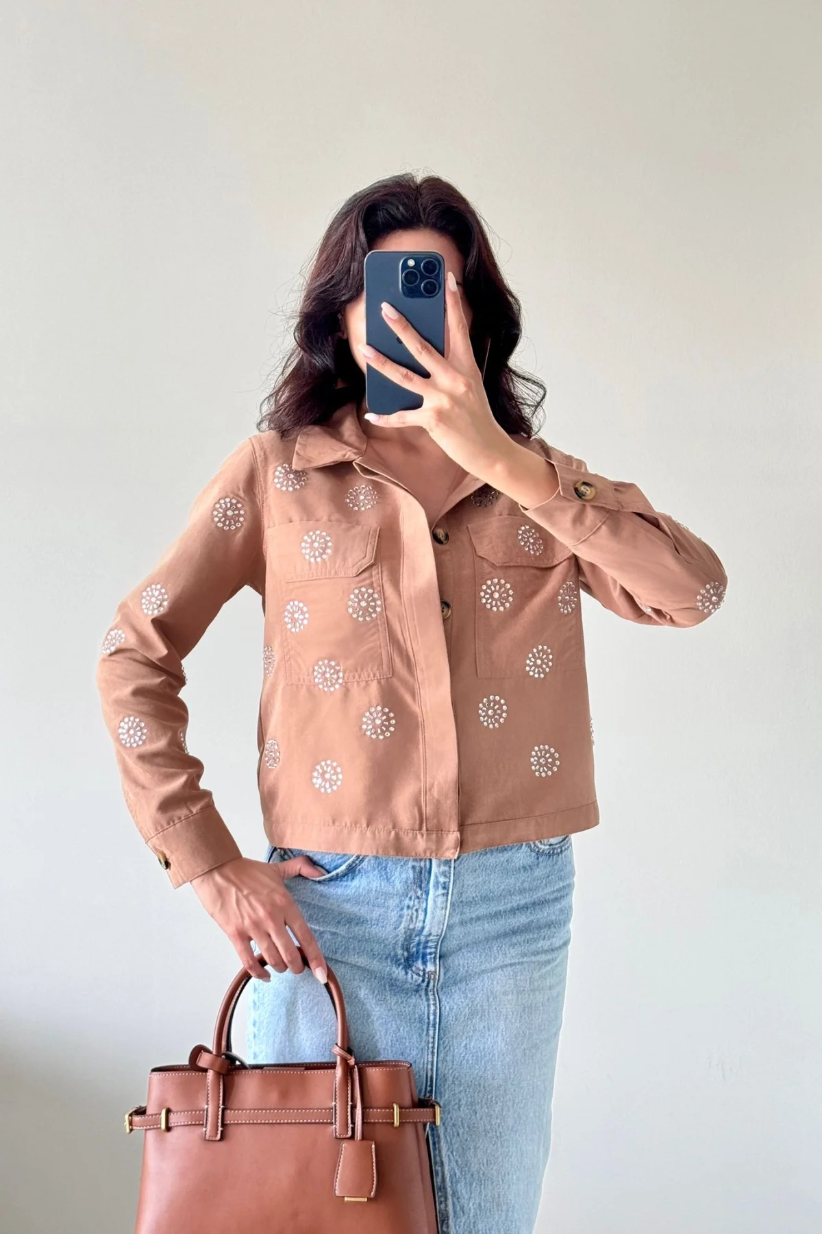 Açık Kahve Taşlı Uzun Kollu Cepli Düğmeli Süet Ceket