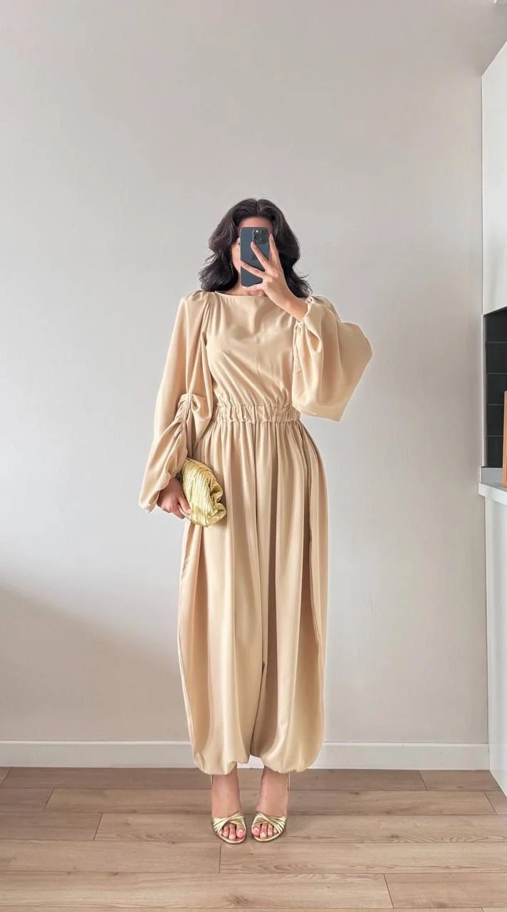 Bej Kolları Pileli Beli Büzgülü Maxi Tulum