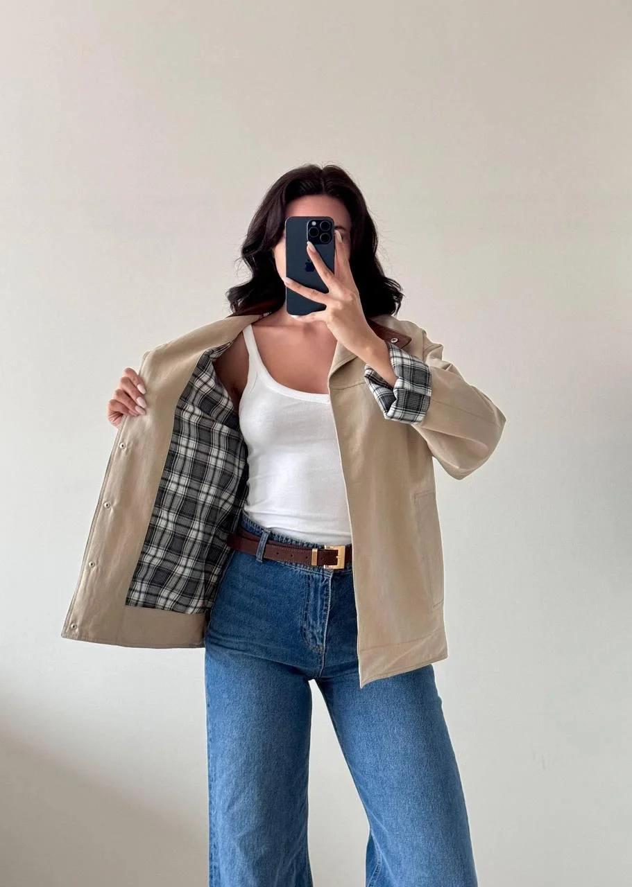 Bej Uzun Kollu Çıt Çıtlı Yakası Derili Ceket