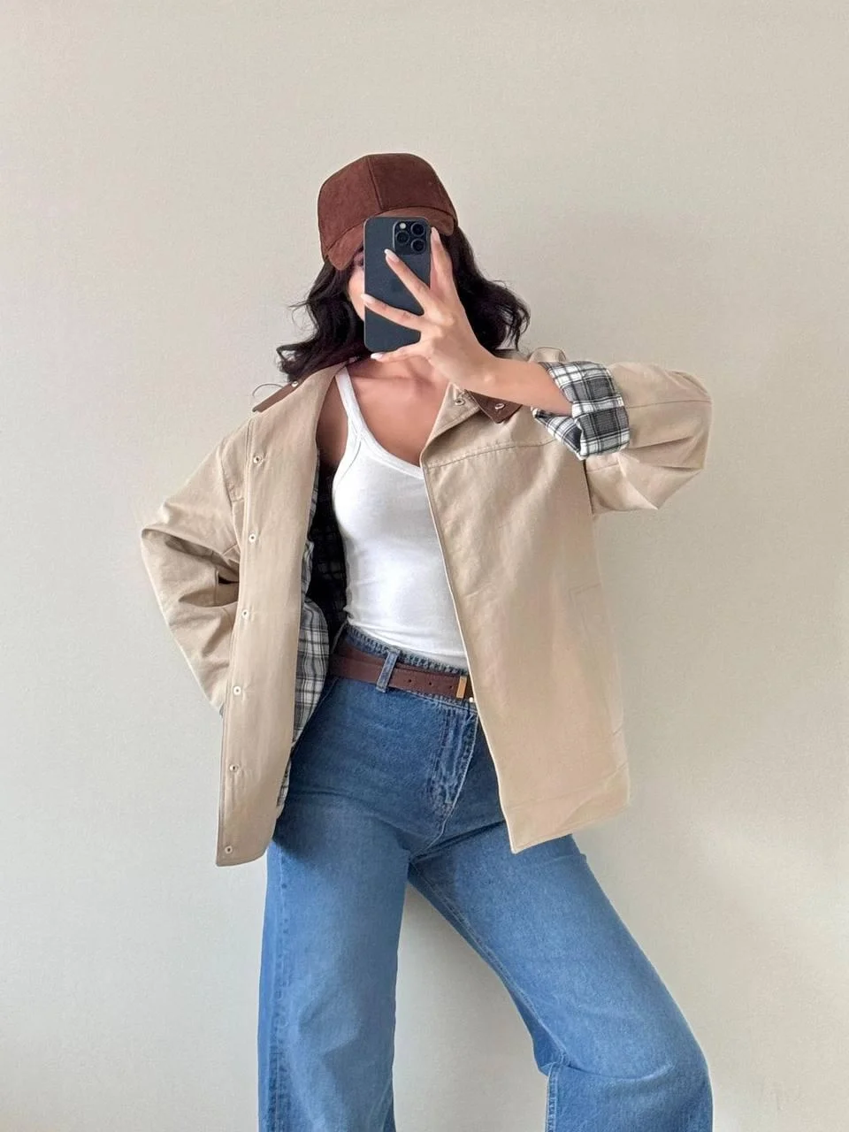 Bej Uzun Kollu Çıt Çıtlı Yakası Derili Ceket