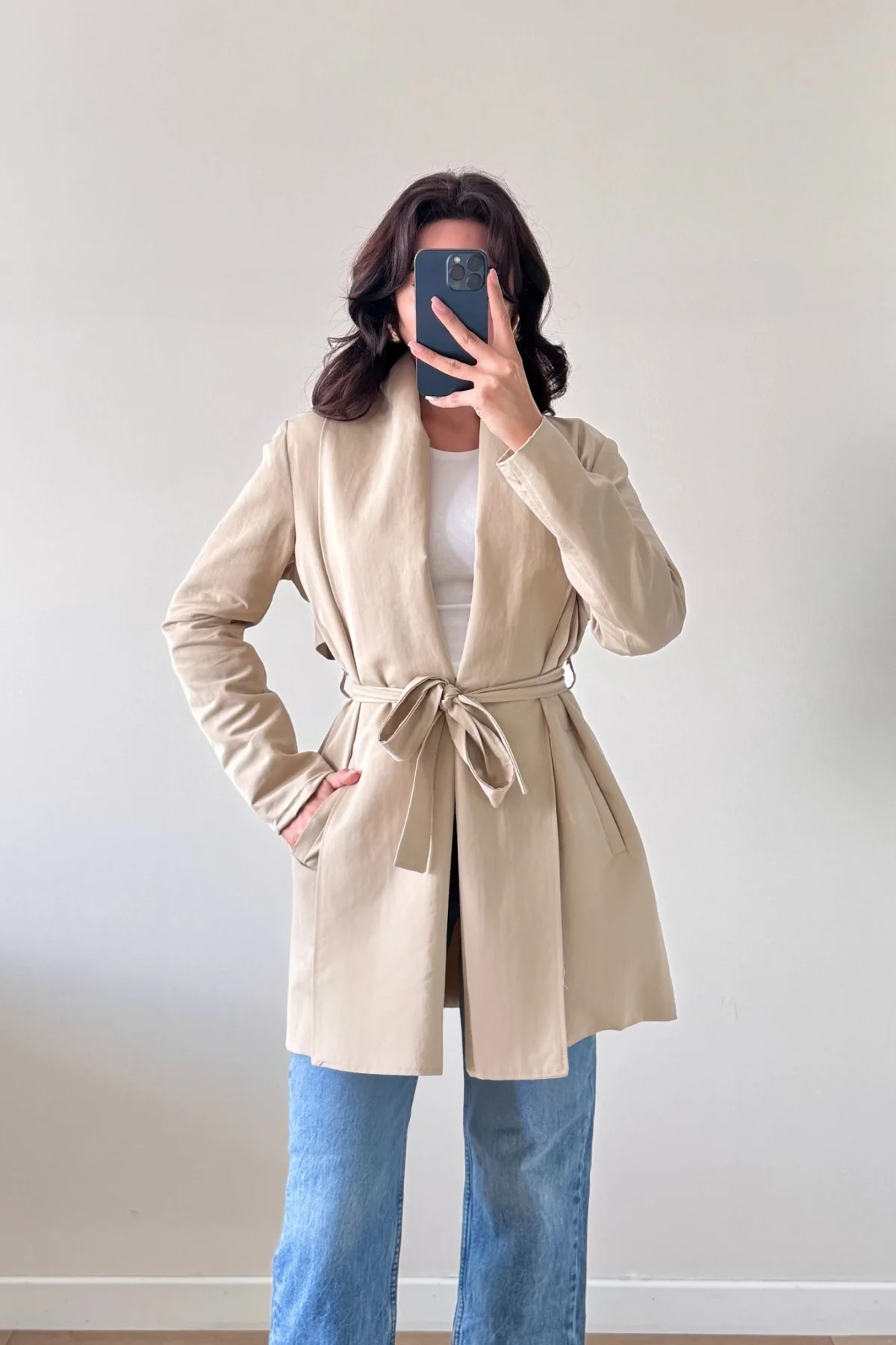 Bej Uzun Kollu Kuşaklı Trenç