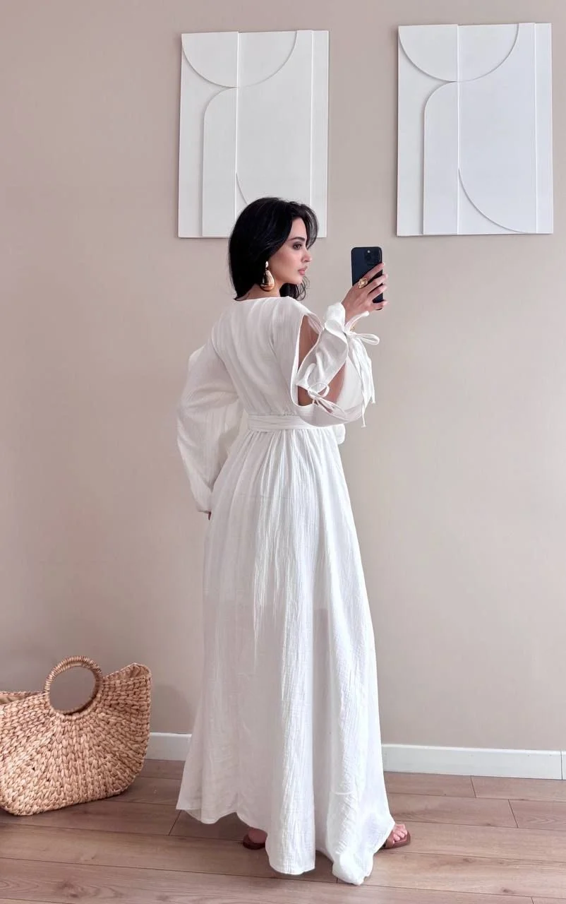 Beyaz Kolları Bağlamalı Kuşaklı Müslin Maxi Elbise