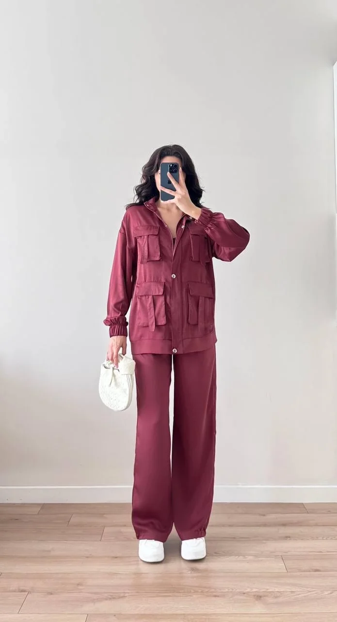 Bordo Cep Detaylı Çıtçıtlı Fermuarlı Ceket Pantolon İkili Takım