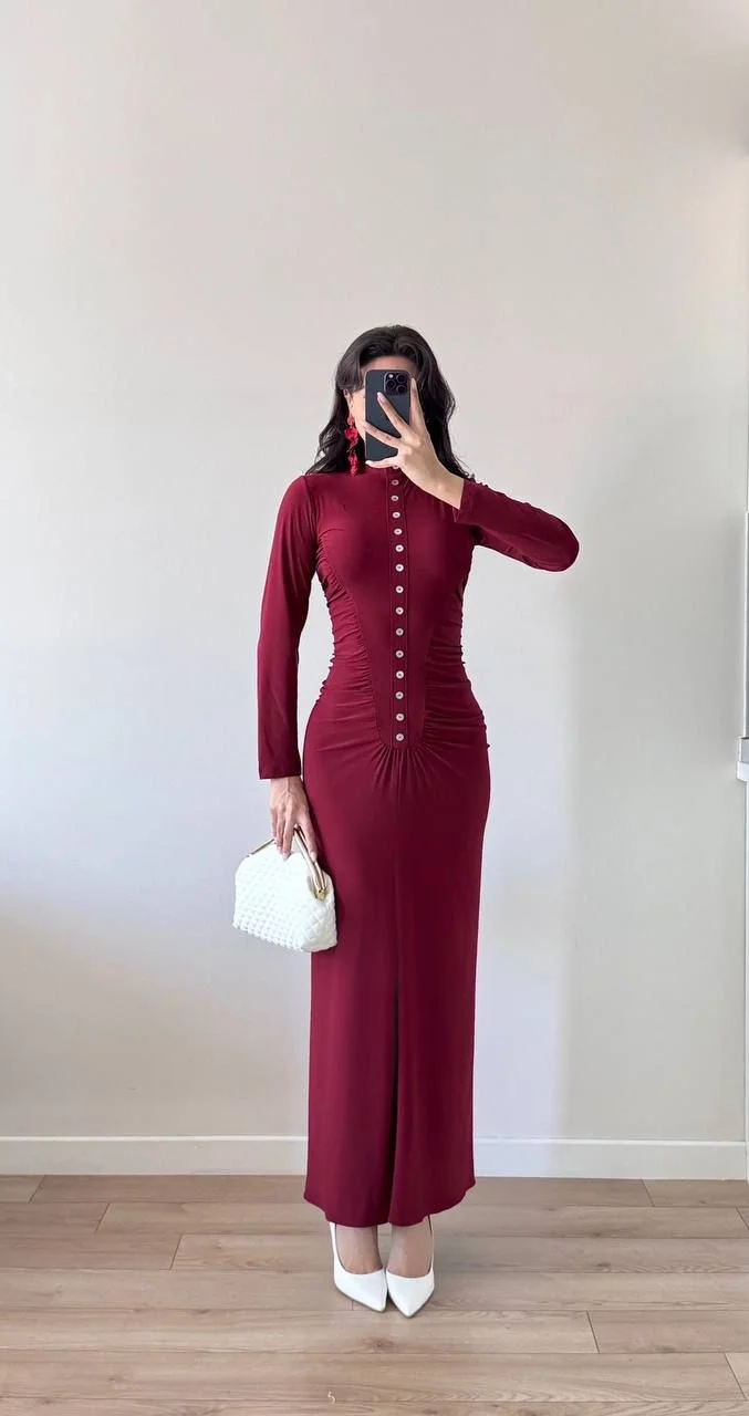 Bordo Dik Yaka Düğmeli Büzgülü Maxi Elbise