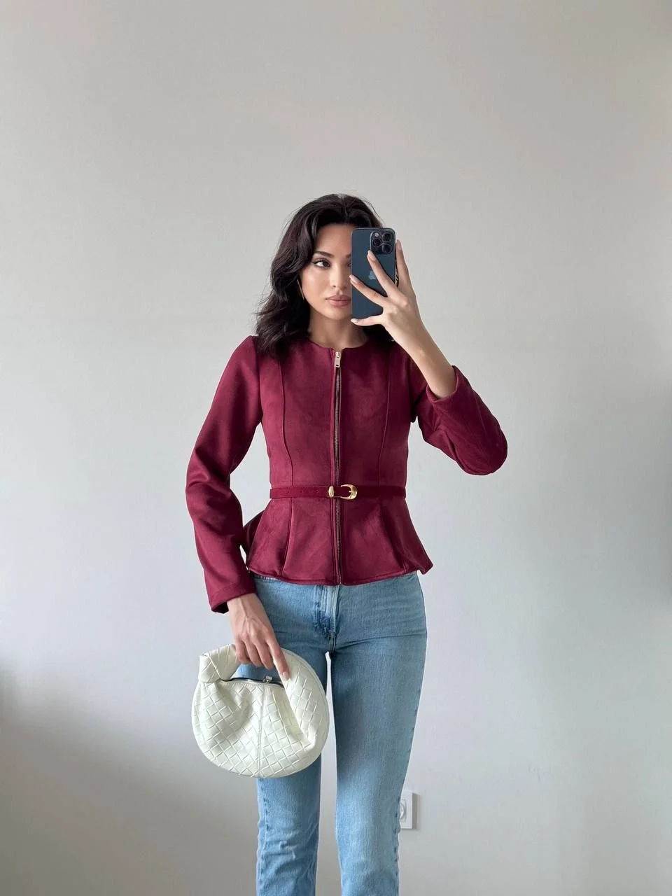 Bordo Kemerli Süet Ceket