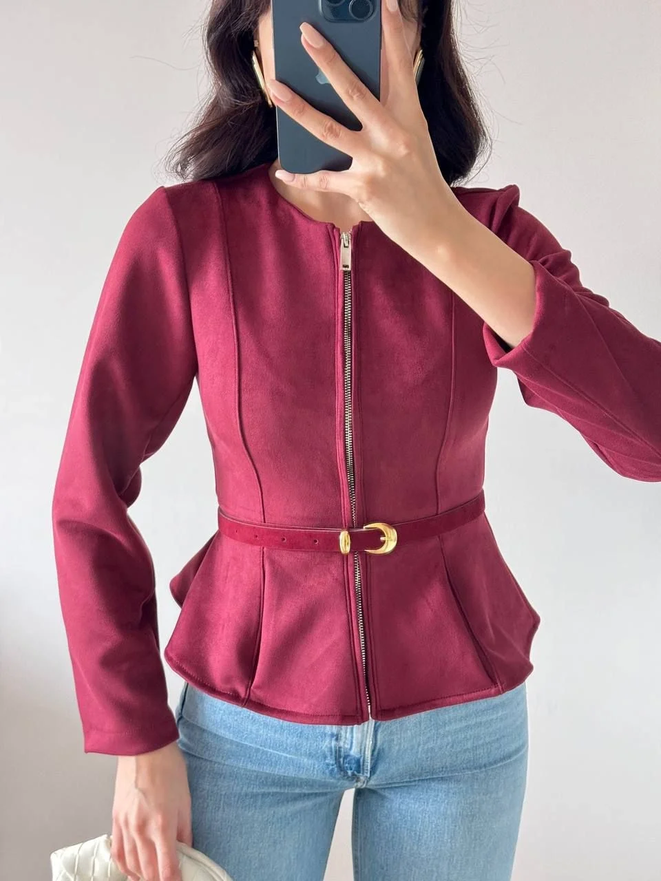 Bordo Kemerli Süet Ceket