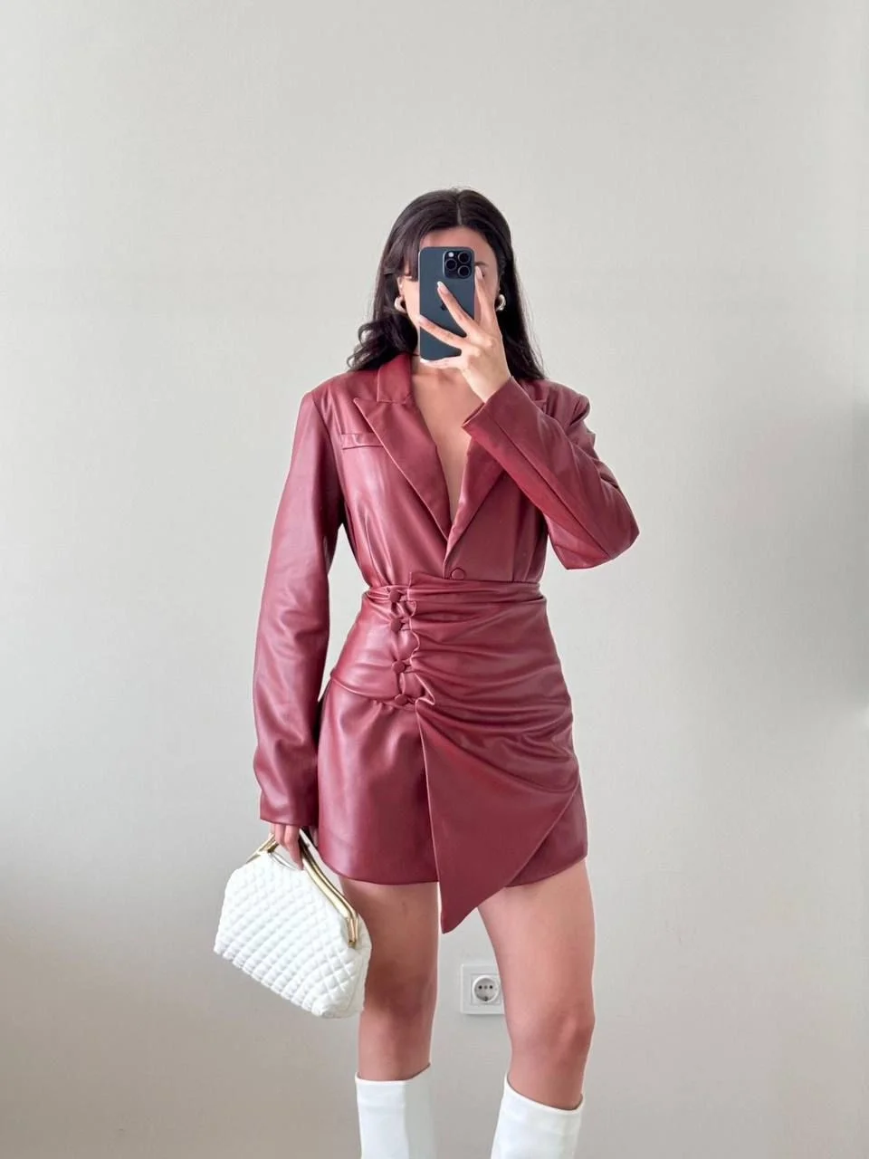 Bordo Seyyar Bağlamalı Düğmeli Deri Ceket