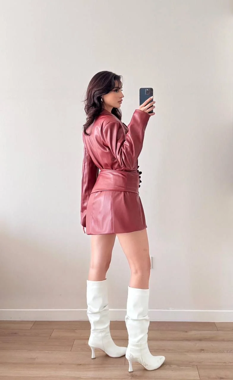 Bordo Seyyar Bağlamalı Düğmeli Deri Ceket