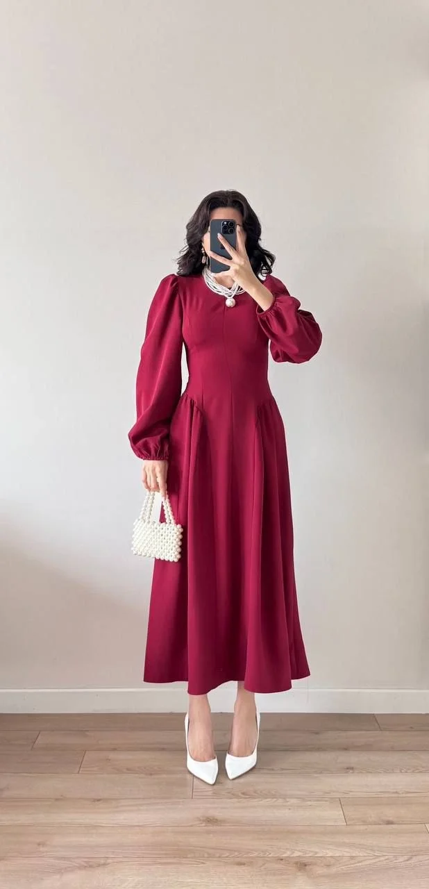 Bordo Sırt Kuşak Bağlamalı Uzun Kollu Maxi Balon Kol Elbise