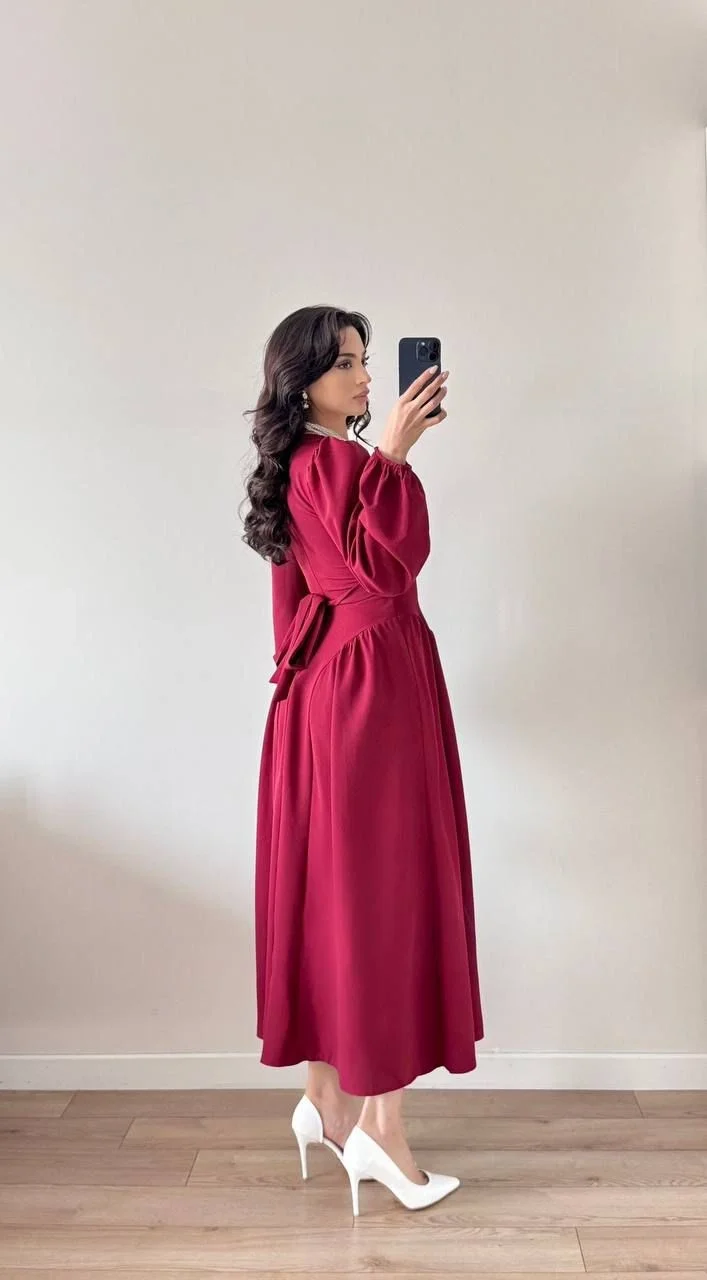 Bordo Sırt Kuşak Bağlamalı Uzun Kollu Maxi Balon Kol Elbise