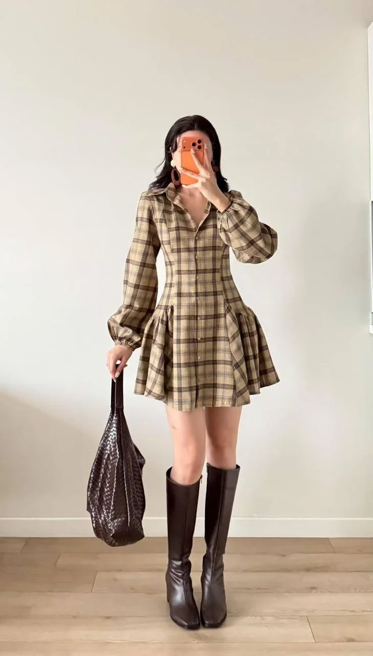 Ekose Mini Gömlek Elbise