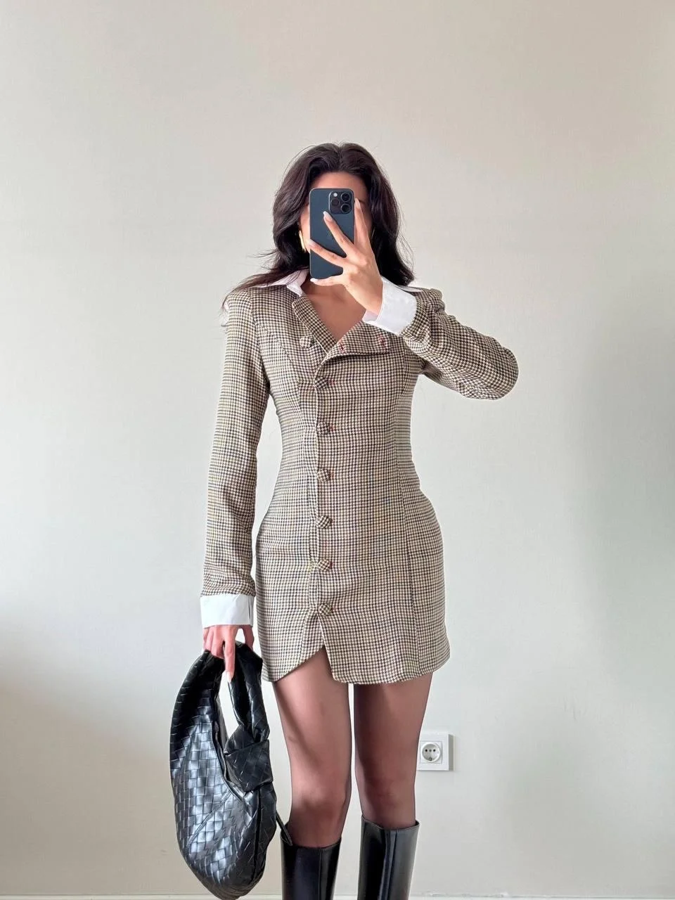 Ekoseli Uzun Kollu Mini Düğmeli Ceket Elbise