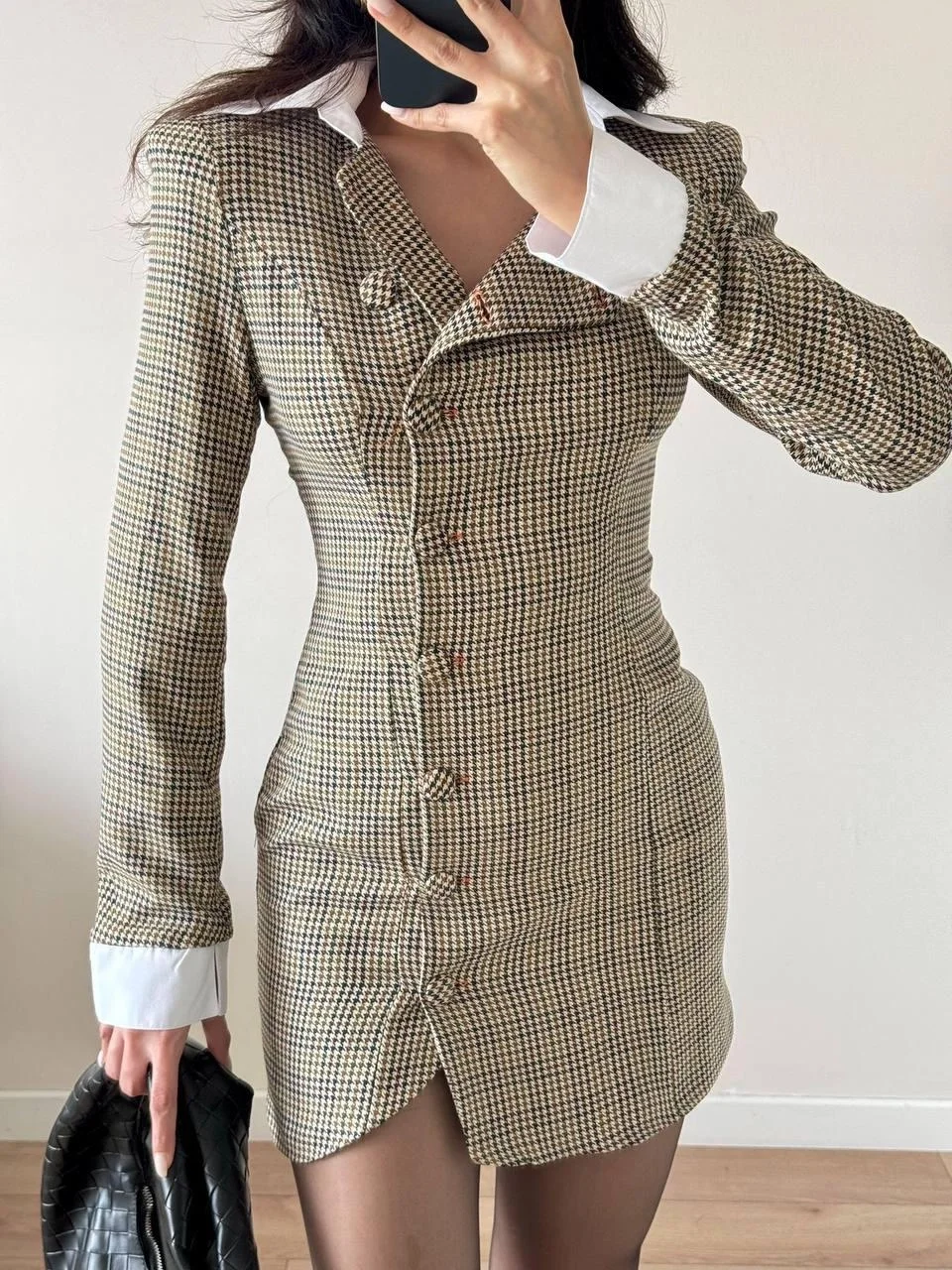 Ekoseli Uzun Kollu Mini Düğmeli Ceket Elbise