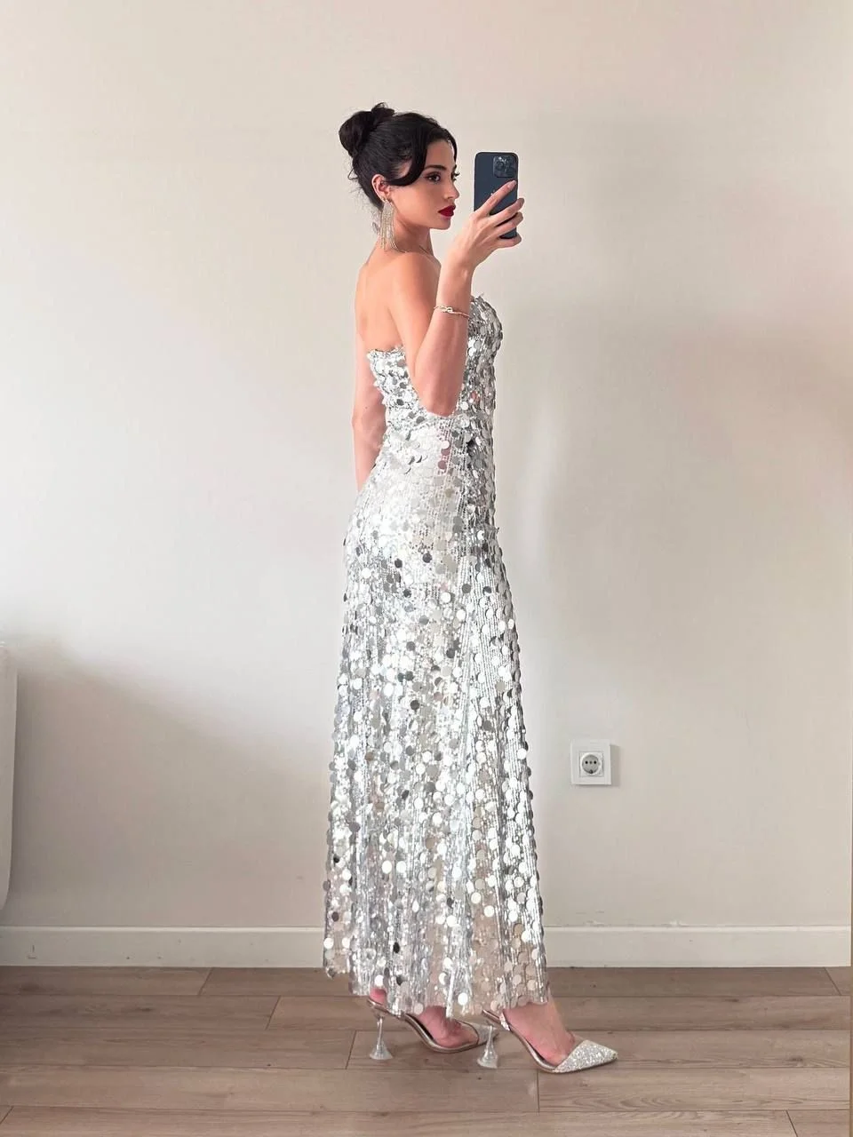 Gri Straplez Pul Payet Maxi Elbise