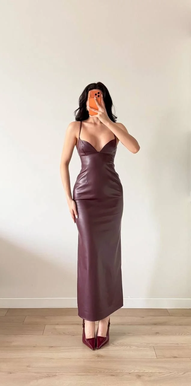 Kadın Bordo Askılı Deri Elbise