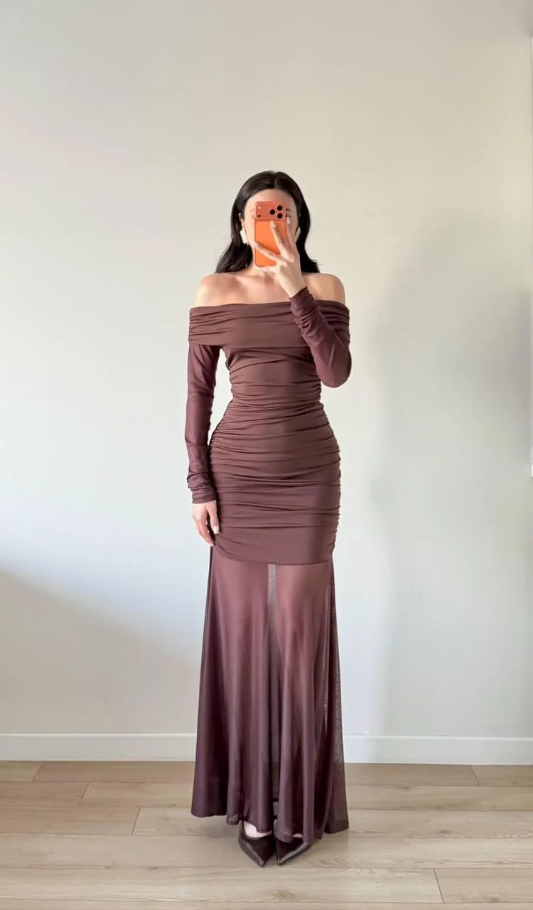 Kahve Straplez Kol Ve Etek Tüllü Maxi Elbise