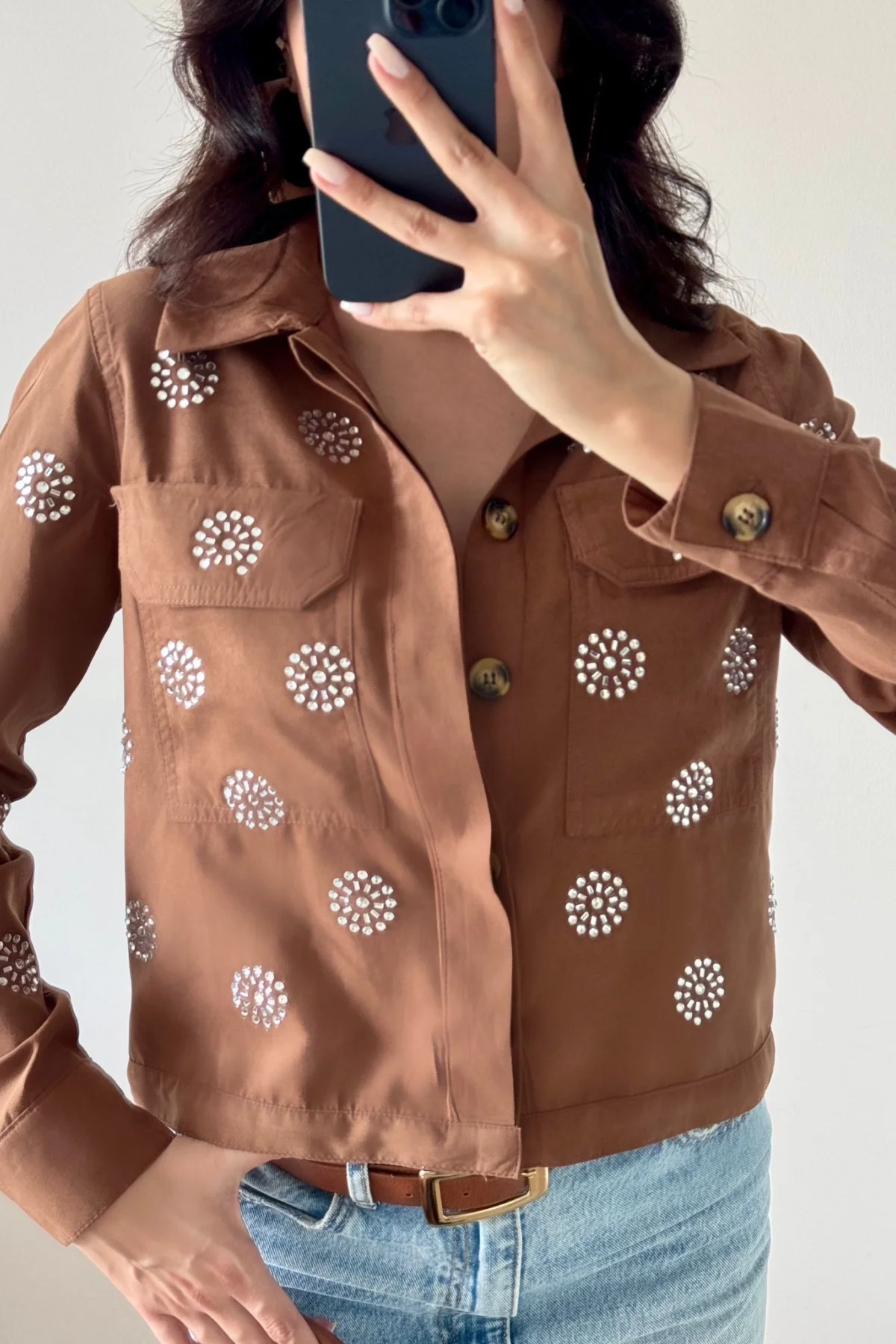 Kahve Taşlı Uzun Kollu Cepli Düğmeli Süet Ceket