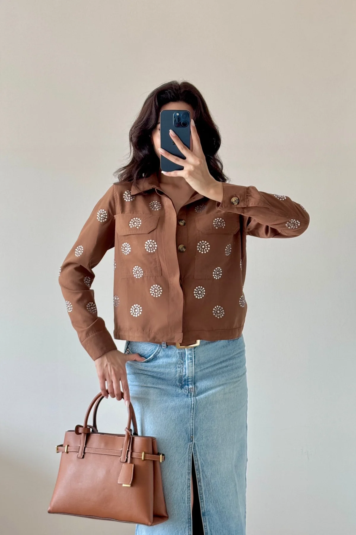 Kahve Taşlı Uzun Kollu Cepli Düğmeli Süet Ceket