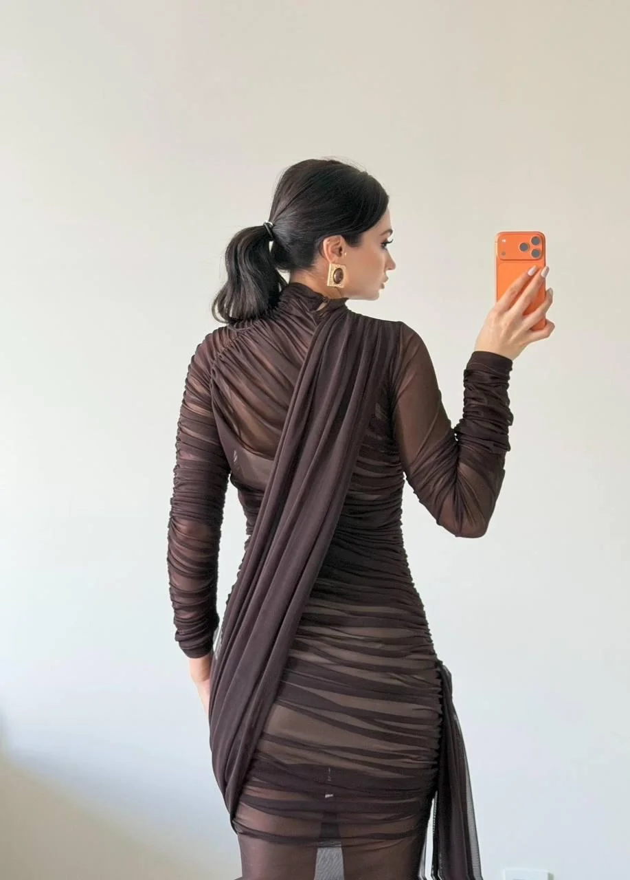 Kahverengi Büzgülü Maxi Tül Elbise