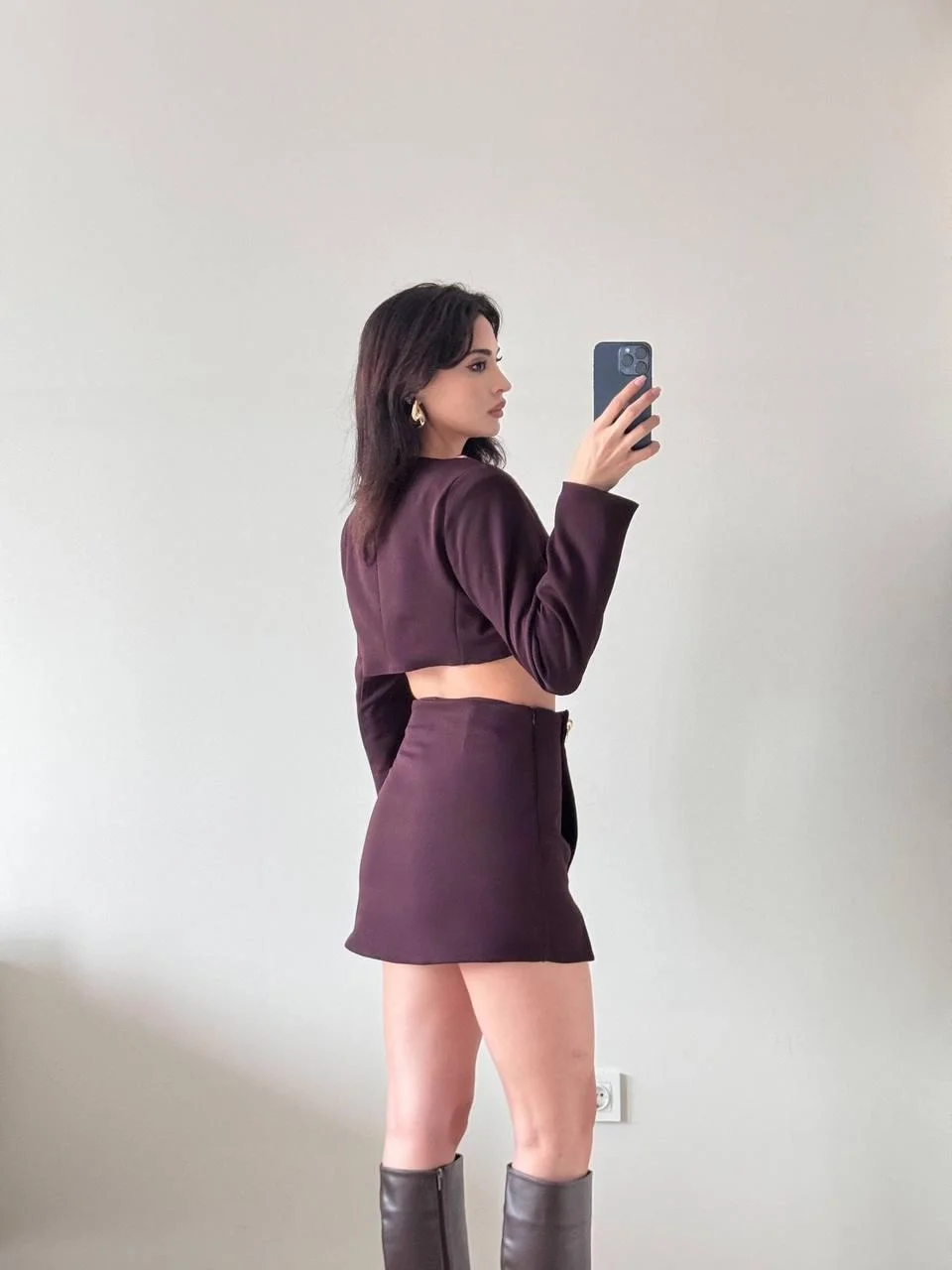 Kahverengi Ceket Etek Şortlu İkili Takım