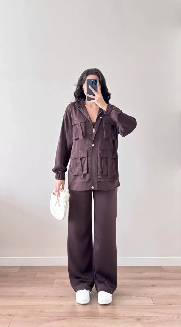 Kahverengi Cep Detaylı Çıtçıtlı Fermuarlı Ceket Pantolon İkili Takım