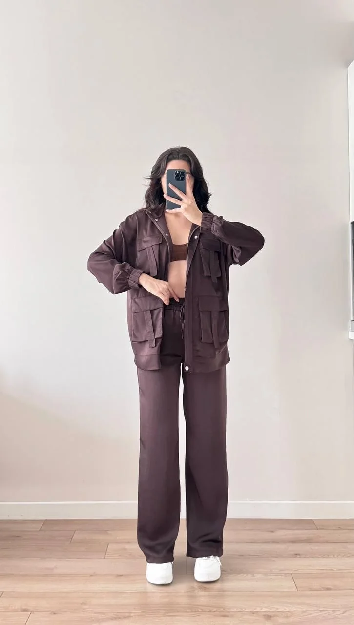 Kahverengi Cep Detaylı Çıtçıtlı Fermuarlı Ceket Pantolon İkili Takım