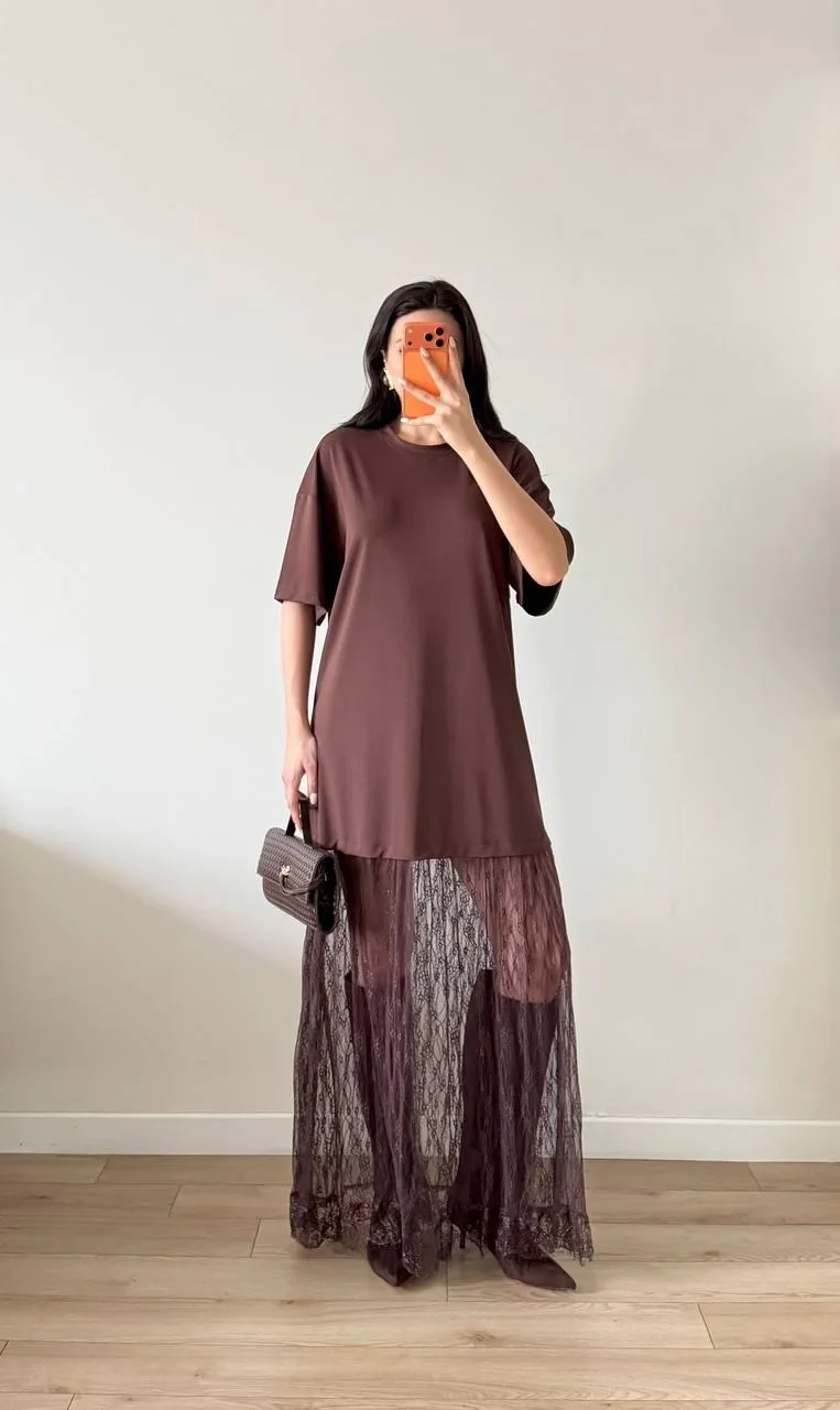 Kahverengi Dantel Detaylı Oversize Elbise