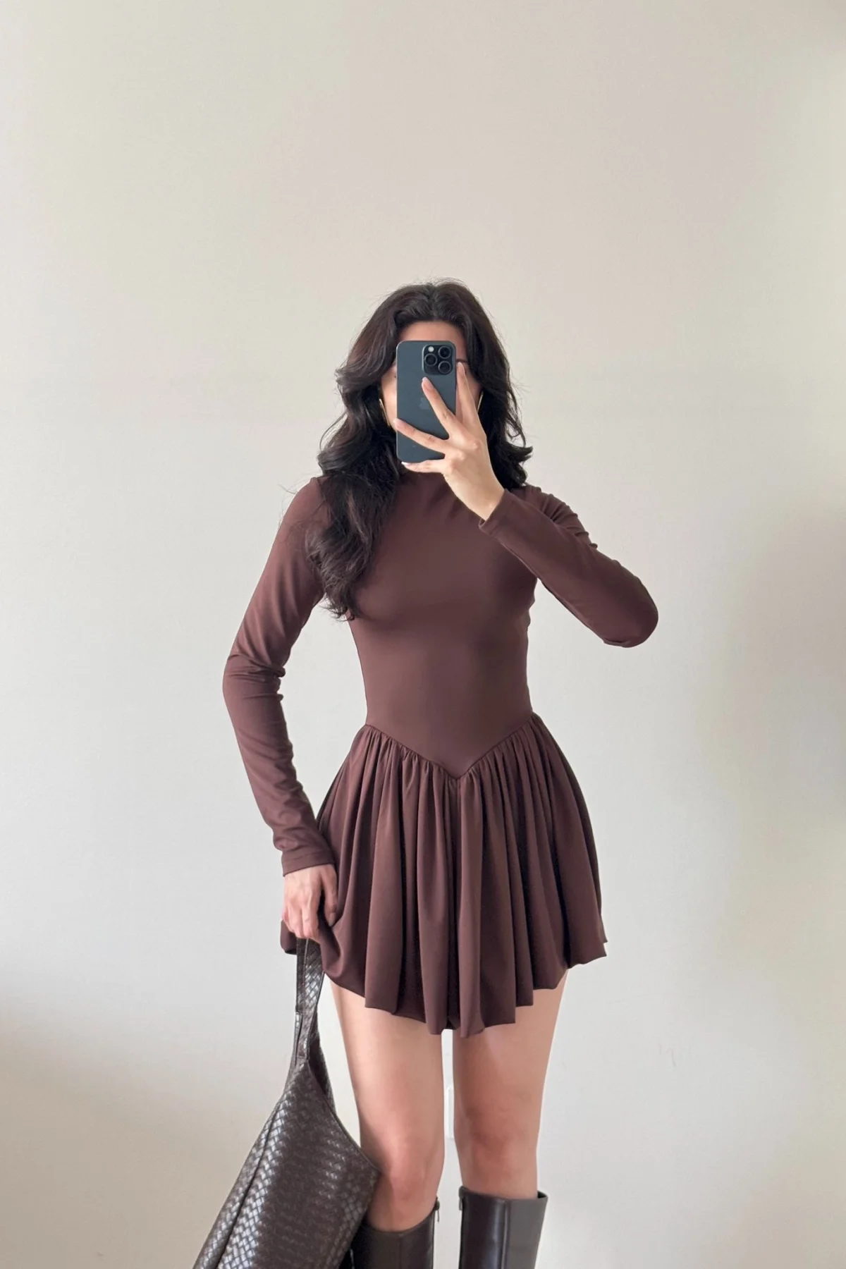 Kahverengi Eteği Pileli Büzgülü Balon Elbise