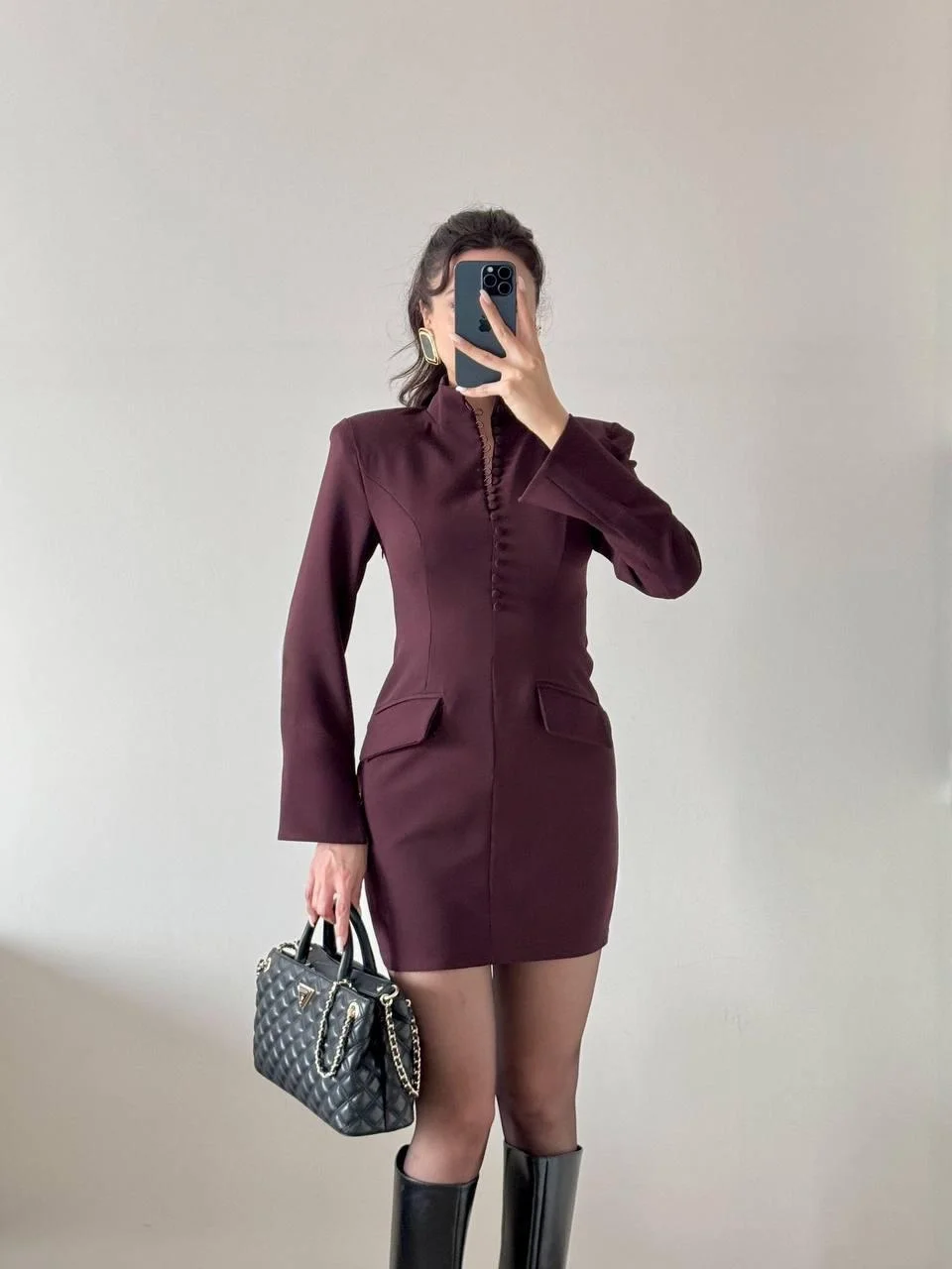 Kahverengi Kaplama Düğmeli Süs Cepli Mini Elbise