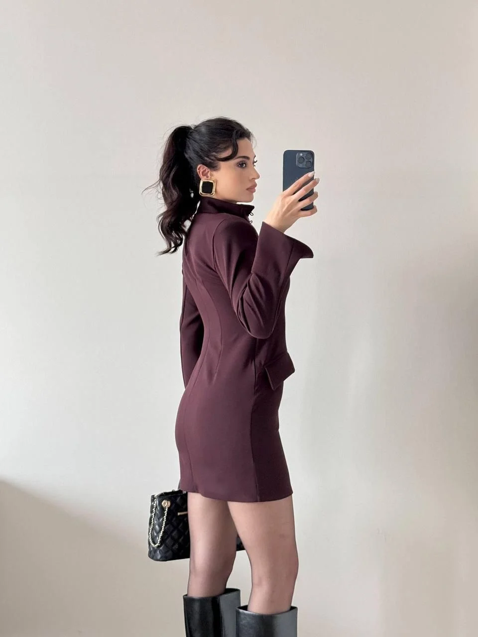 Kahverengi Kaplama Düğmeli Süs Cepli Mini Elbise