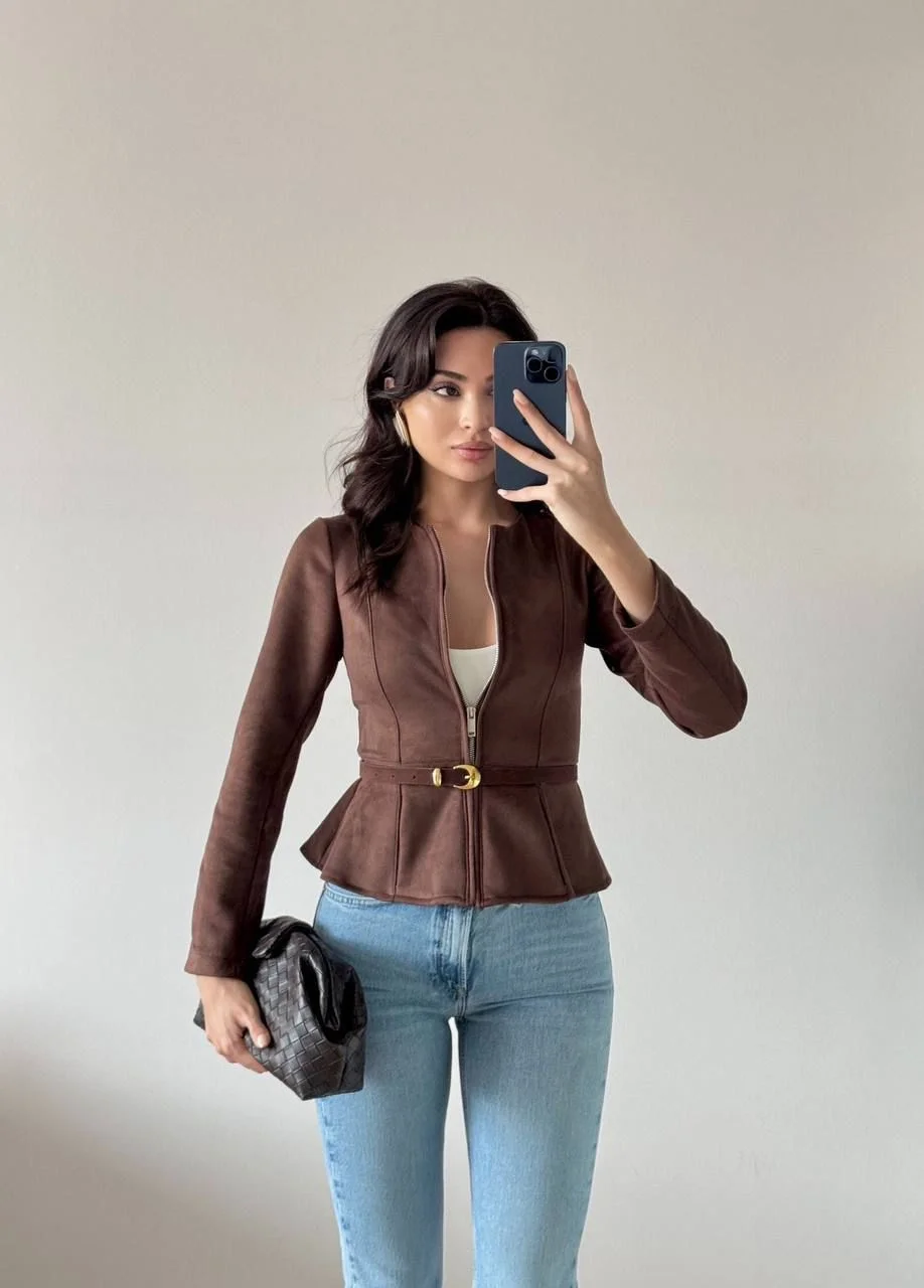 Kahverengi Kemerli Süet Ceket