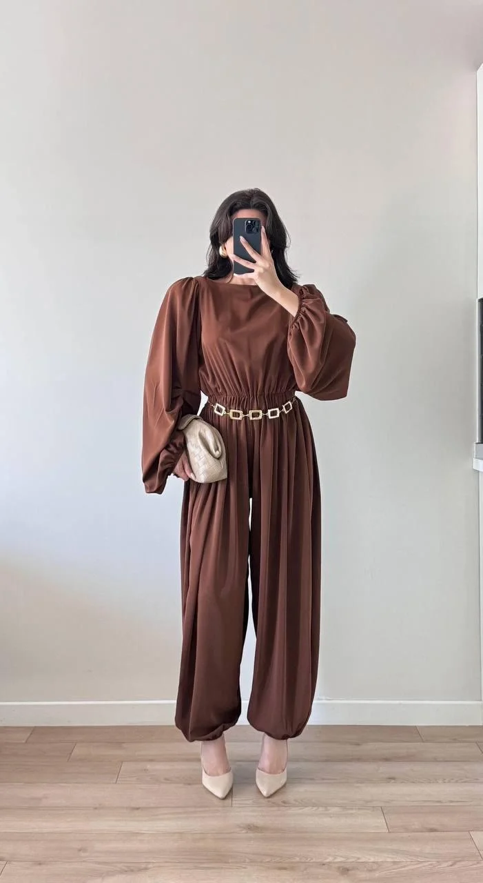 Kahverengi Kolları Pileli Beli Büzgülü Maxi Tulum