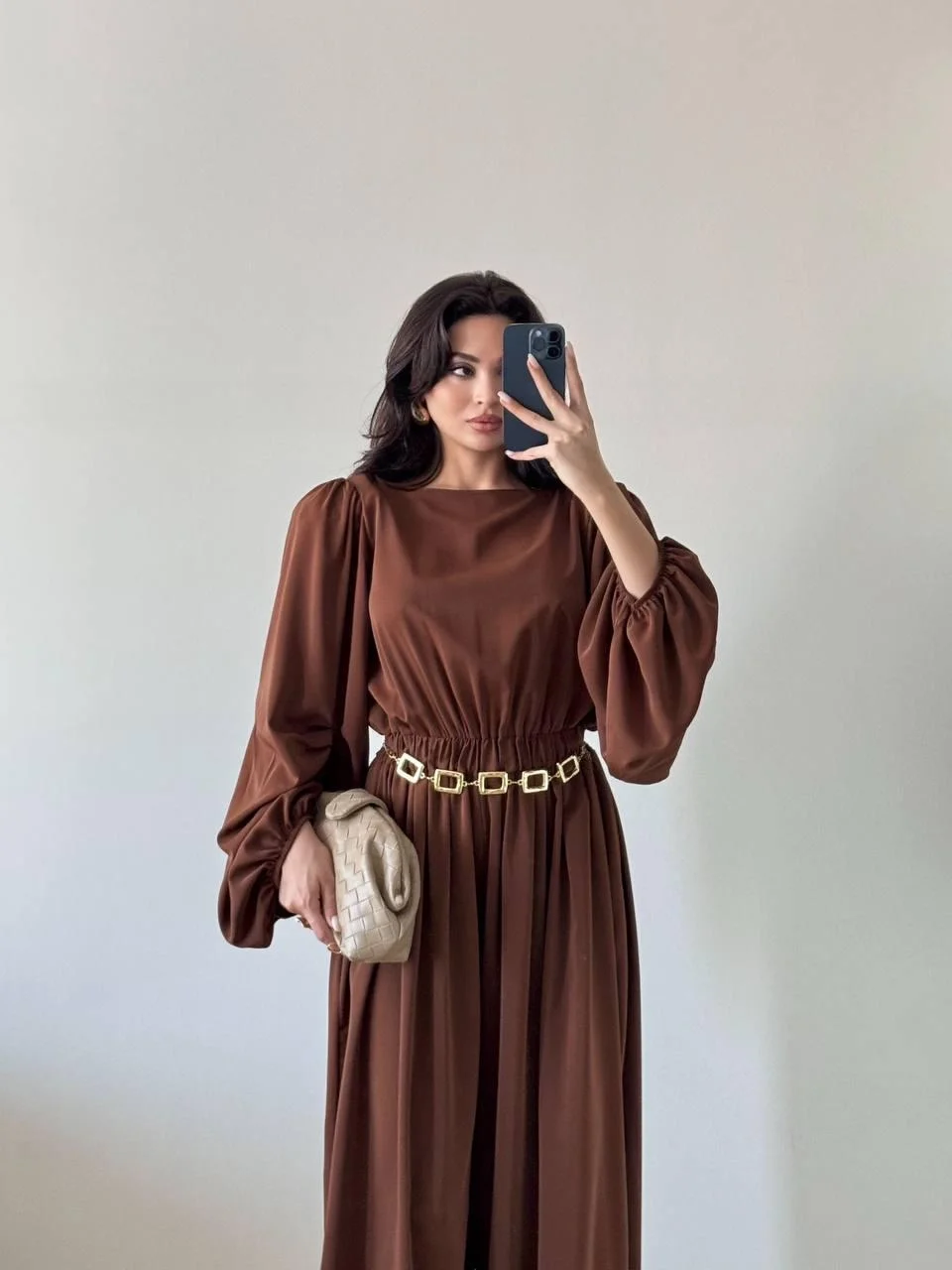 Kahverengi Kolları Pileli Beli Büzgülü Maxi Tulum