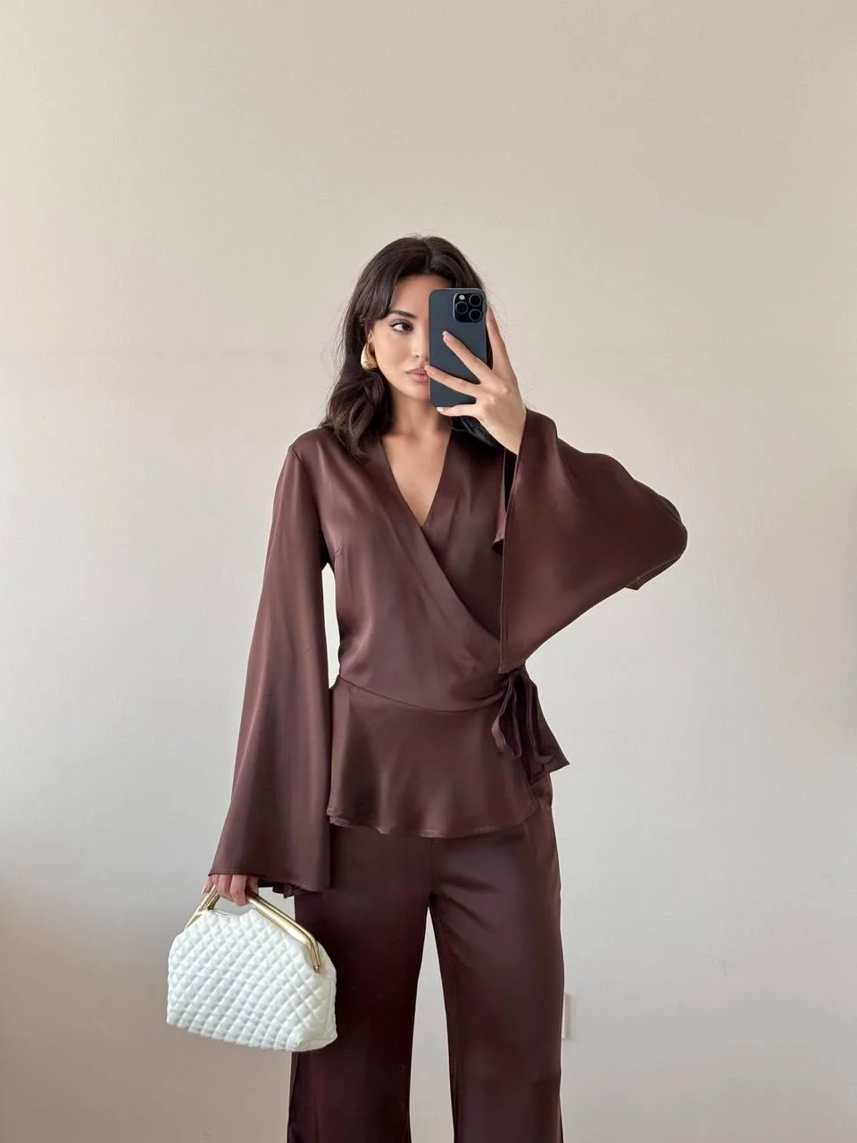 Kahverengi Kruvaze Yaka Saten İkili Takım