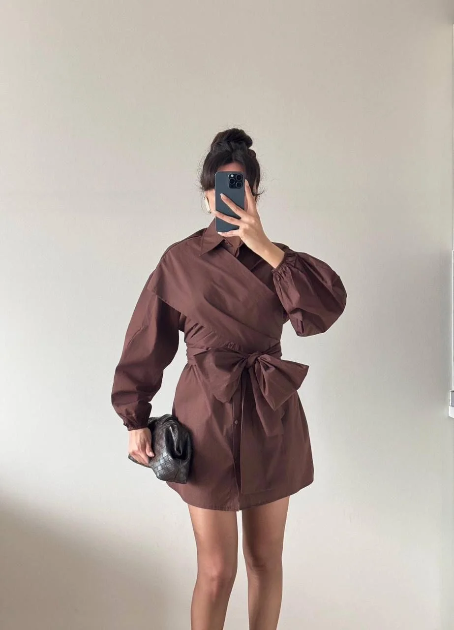 Kahverengi Omuzdan Çarpraz Fiyonk Bağlamalı Uzun Kollu Mini Elbise