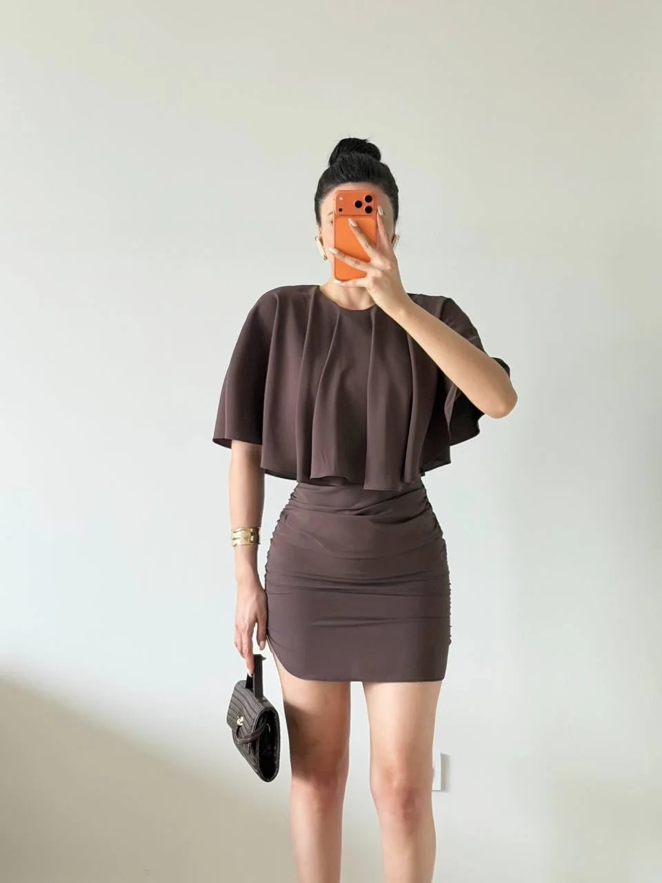 Kahverengi Pelerinli Mini Elbise