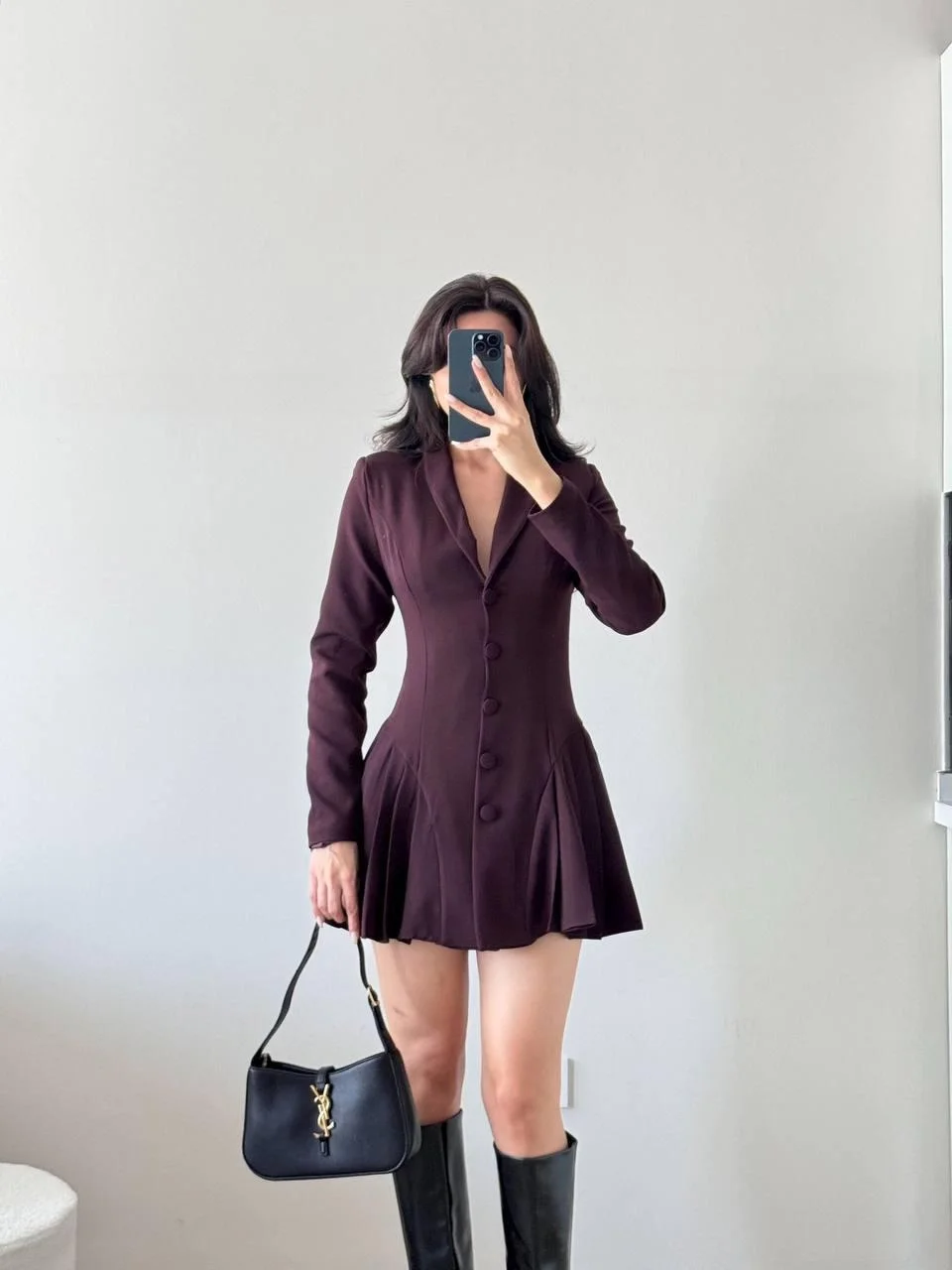 Kahverengi Pileli Kaplama Düğmeli Ceket Elbise