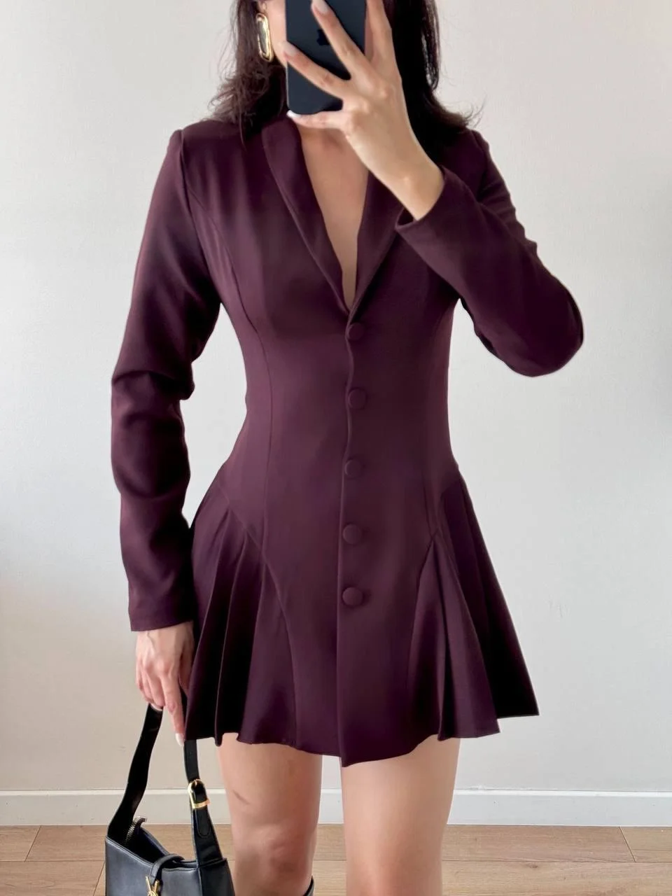 Kahverengi Pileli Kaplama Düğmeli Ceket Elbise