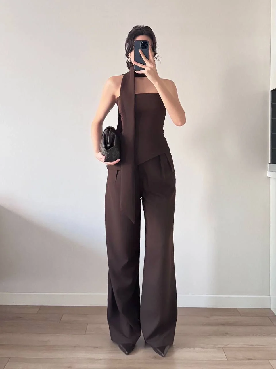 Kahverengi Şallı Büstiyer Pantolon İkili Takım