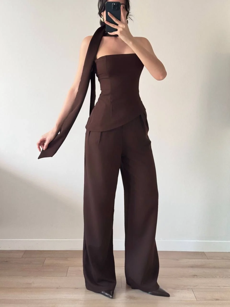 Kahverengi Şallı Büstiyer Pantolon İkili Takım