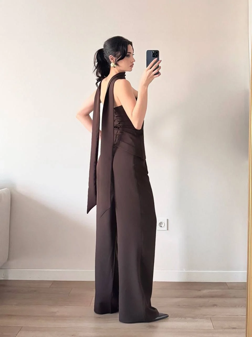 Kahverengi Şallı Büstiyer Pantolon İkili Takım