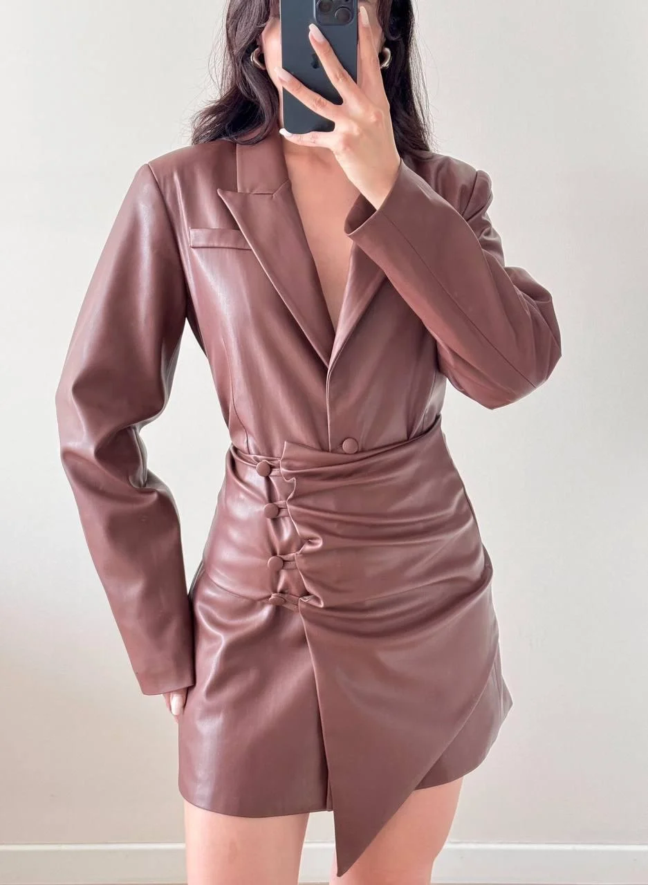 Kahverengi Seyyar Bağlamalı Düğmeli Deri Ceket