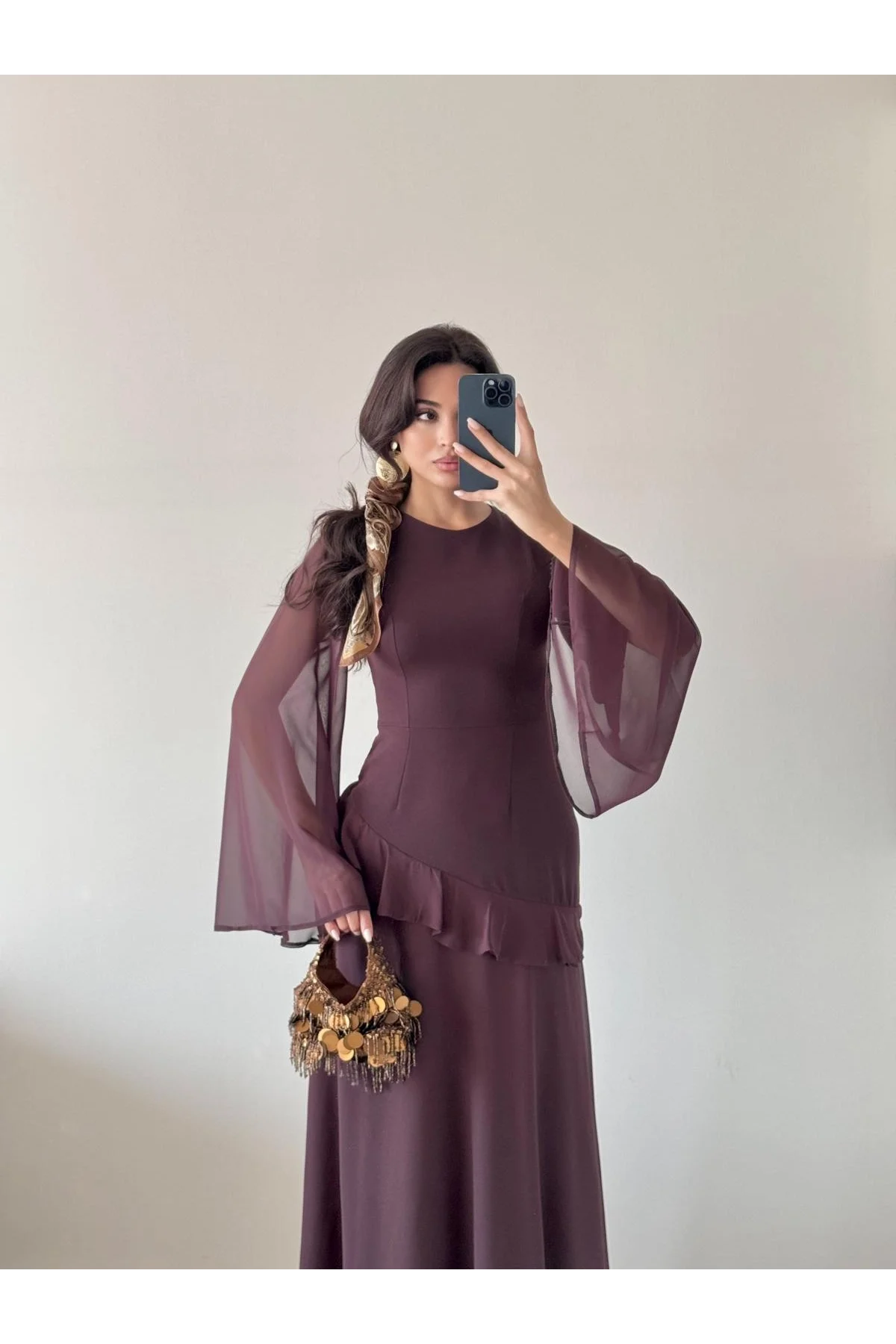Kahverengi Şifon Pileli Maxi Elbise