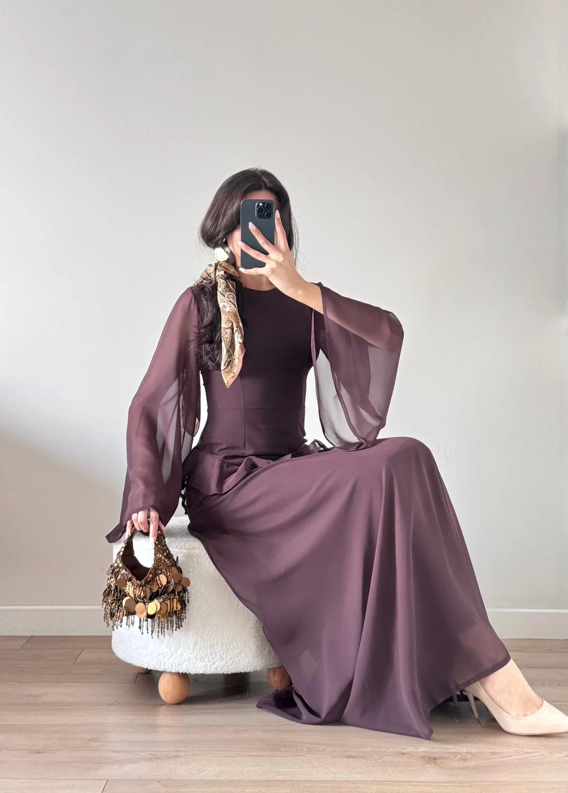 Kahverengi Şifon Pileli Maxi Elbise