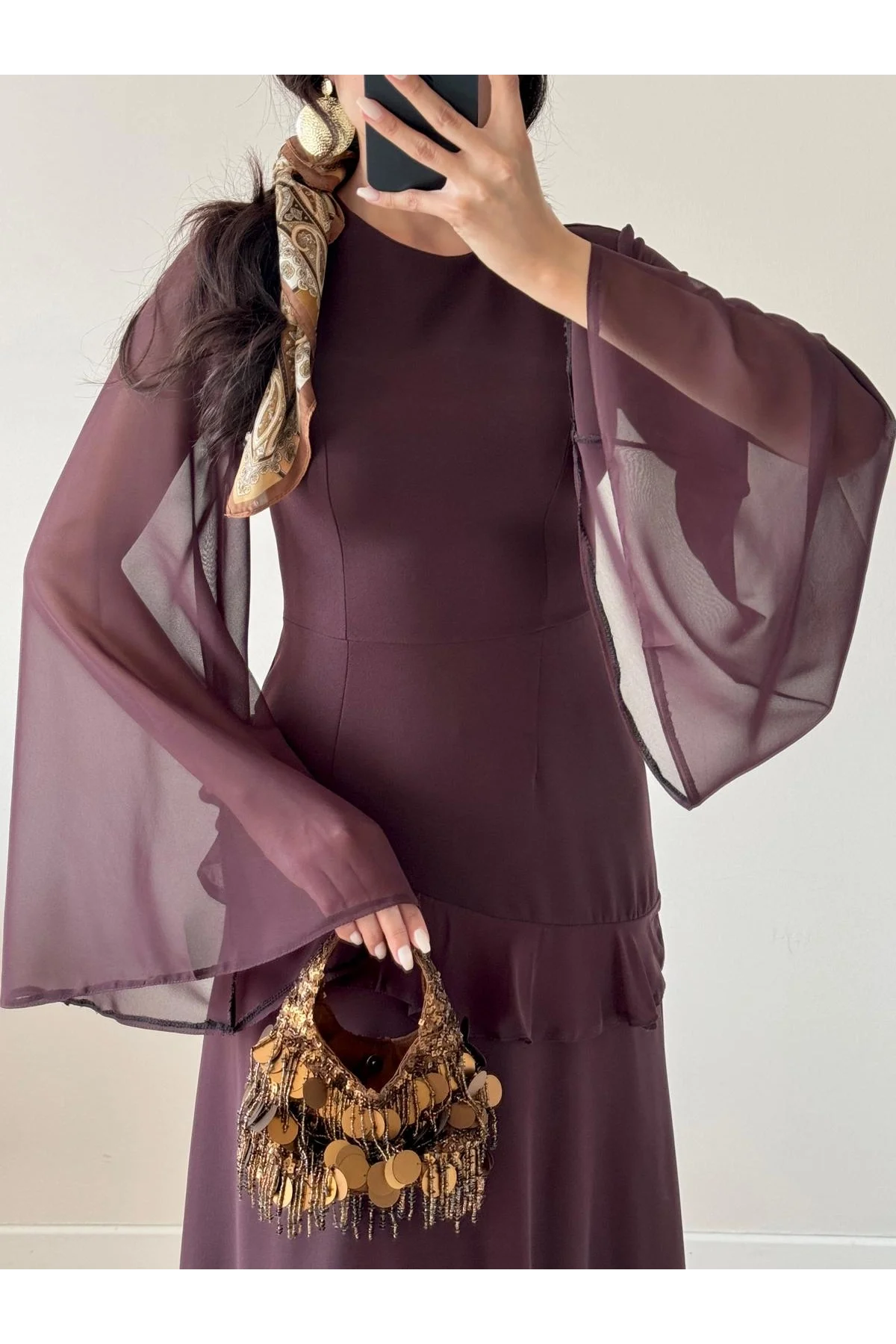 Kahverengi Şifon Pileli Maxi Elbise